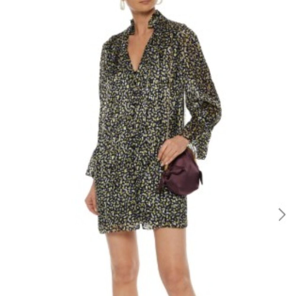 ALICE + OLIVIA Black Rei Ruffle-Collar Silk Blend Dress Neck Tie Long Sleeve LRG